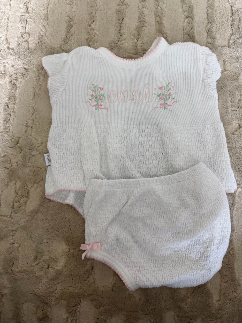 White Terry Two-Piece Baby Set with Pink Trim
